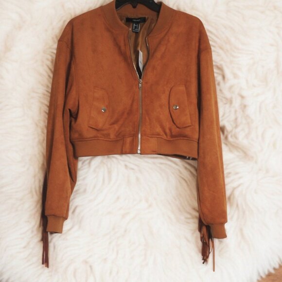 Forever 21 (Small) Faux Suede Bomber Jacket with Fringe Sleeves - NWT - Picture 1 of 3